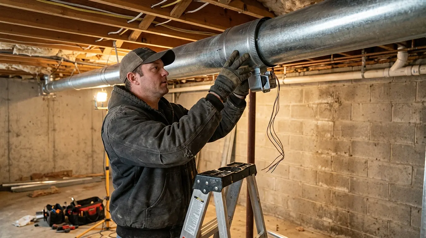 Technician installing a motorized zone damper in a supply duct