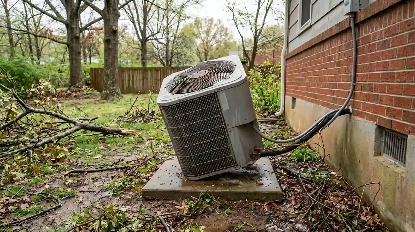 Condenser tilted on its pad after a storm