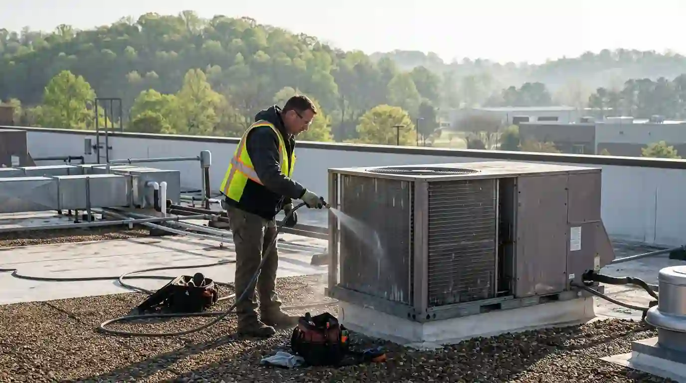 Condenser coil being rinsed on a rooftop unit