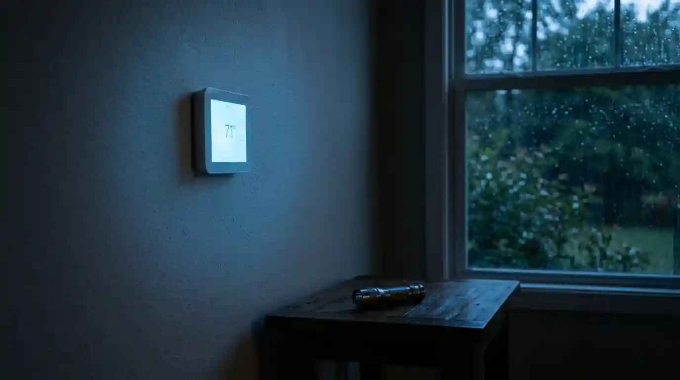 Thermostat display coming back on in a dark hallway after a storm