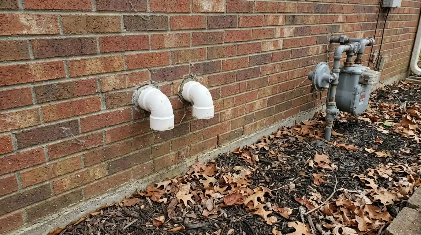 Furnace intake and exhaust terminations on a brick wall