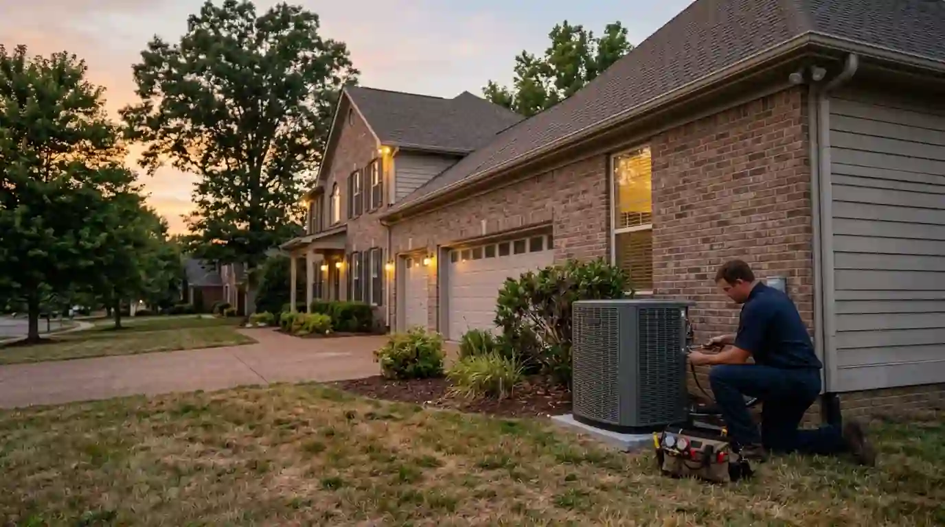 Technician opening the panel on a heat pump beside a garage