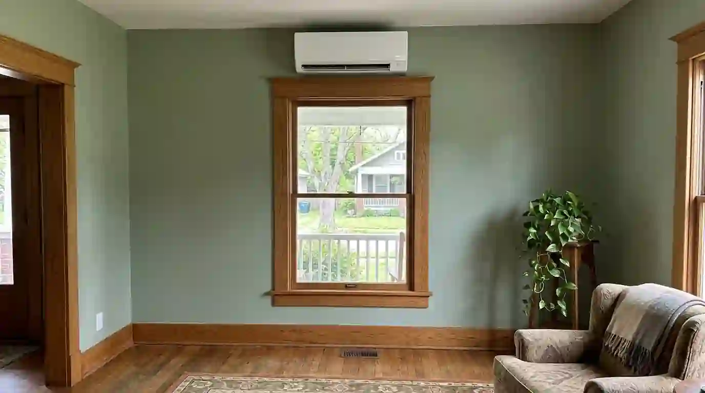 Ductless mini-split head mounted above a window in a bungalow