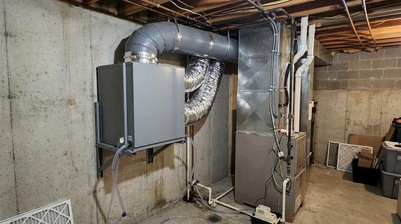 Ducted whole-home dehumidifier installed next to a furnace