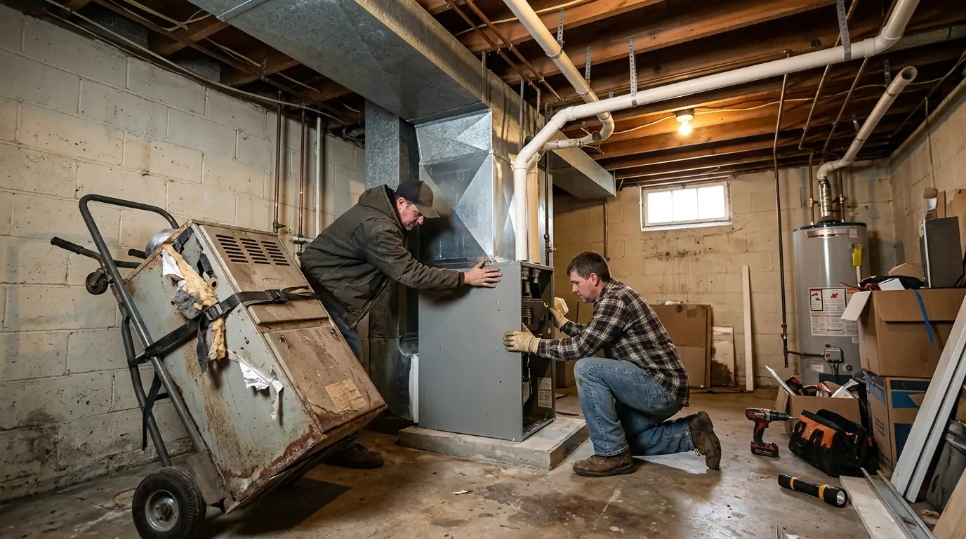 New gas furnace being set in a basement utility room