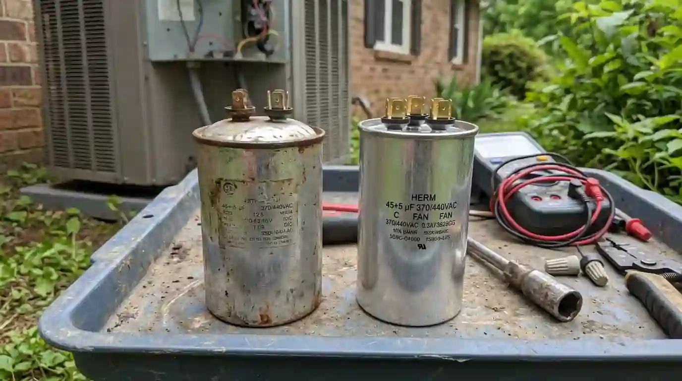 Failed run capacitor next to a new replacement