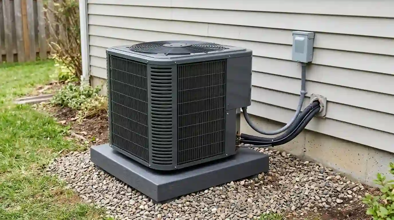 Heat pump on a raised pad with wooded hills behind