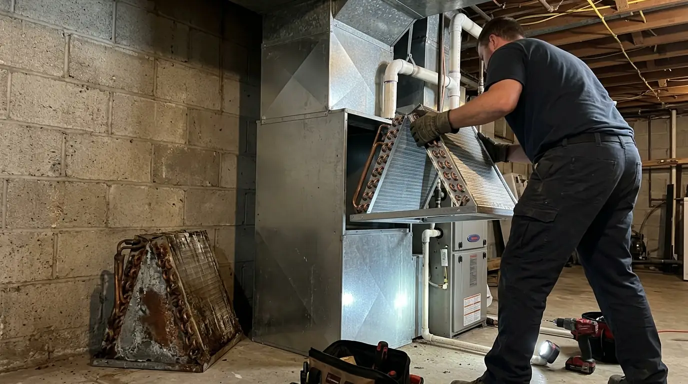 New evaporator coil being installed above a furnace