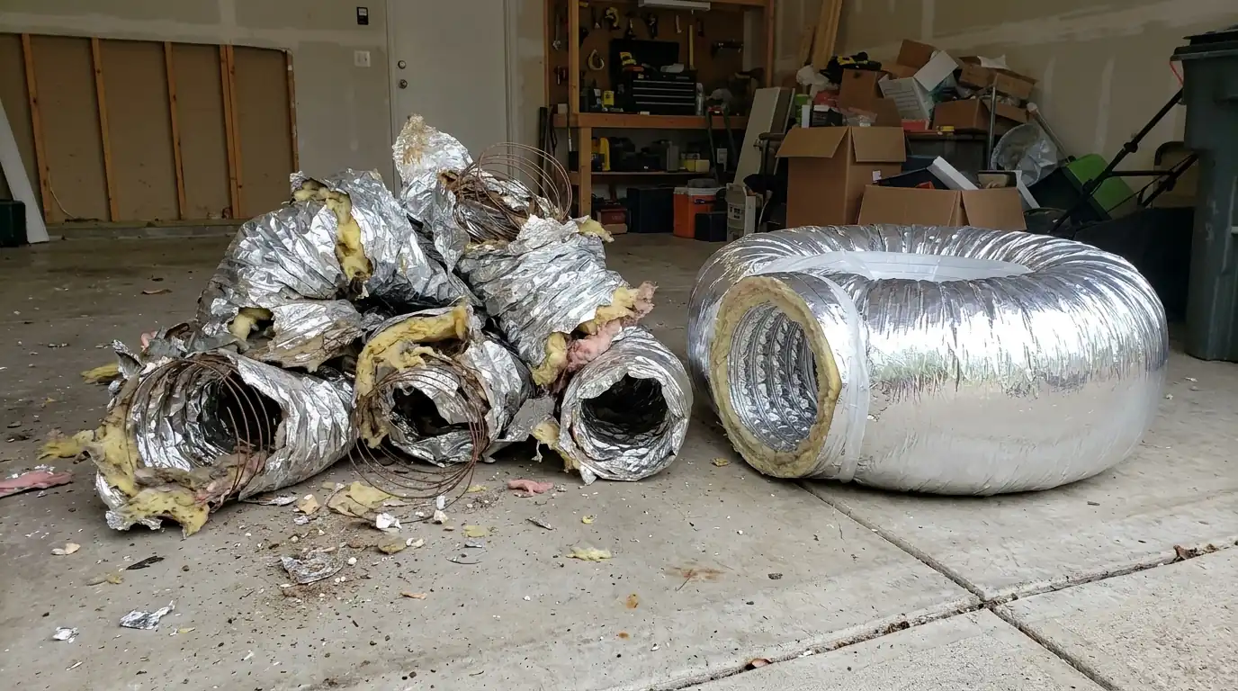 Old crushed flex duct beside a new roll of duct