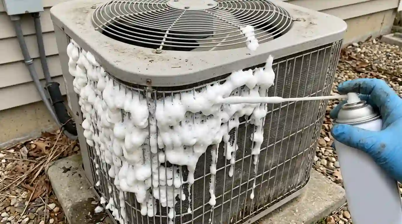 Outdoor AC coil being cleaned during a tune-up