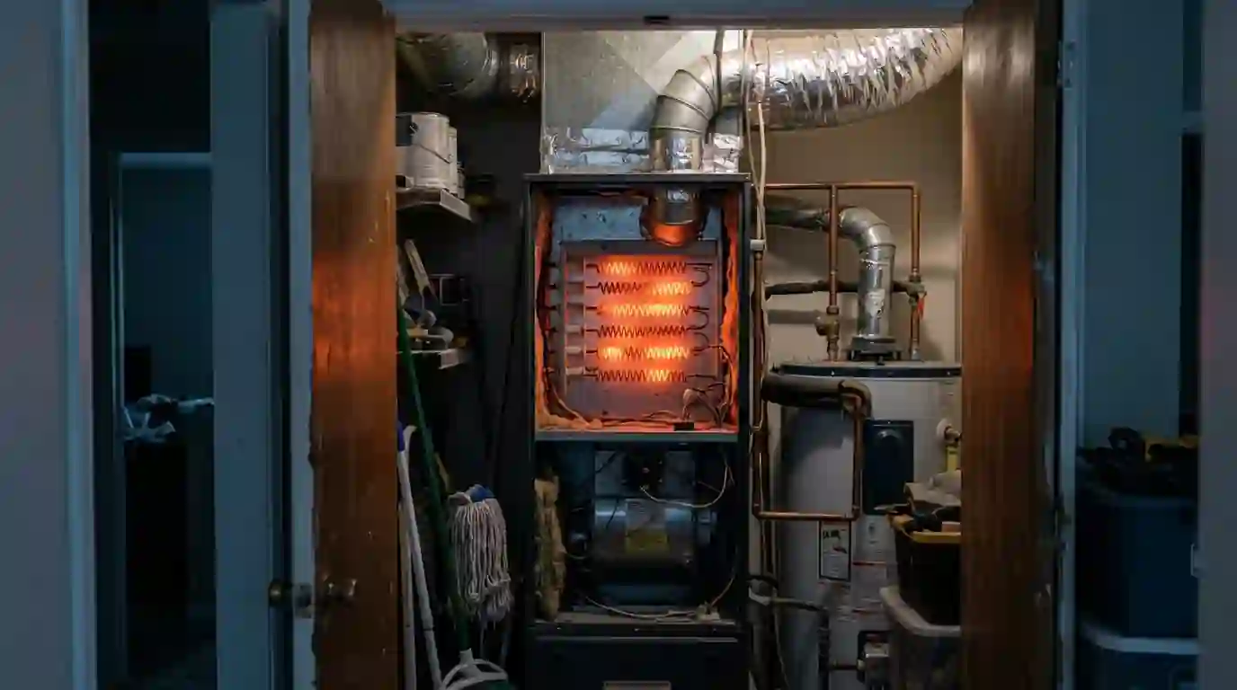 Electric heat strips glowing inside an open air handler
