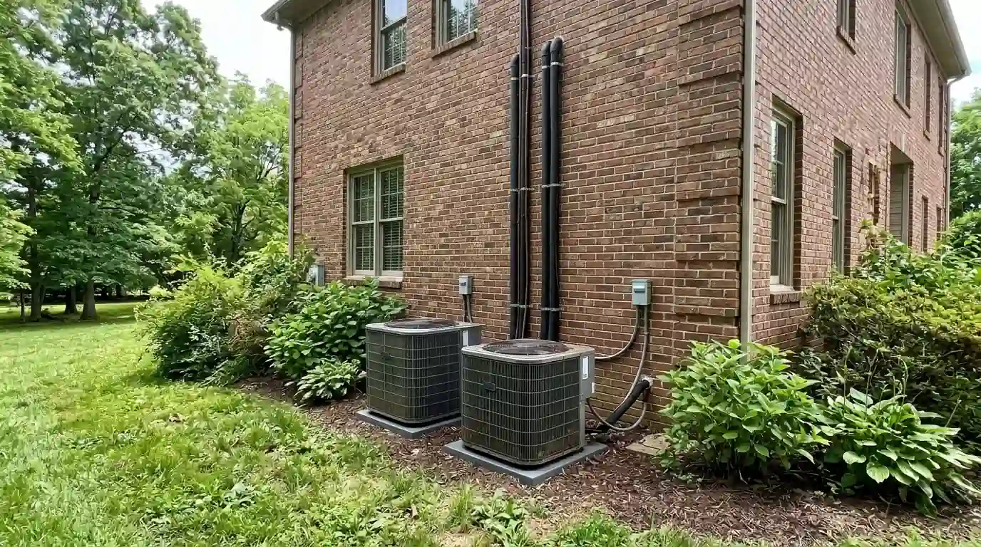 Two condensers serving a two-story brick home