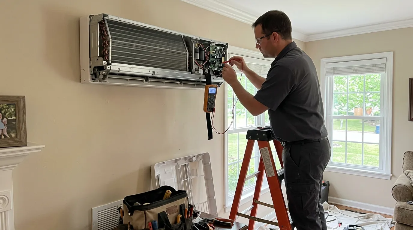 Technician testing the board inside a ductless indoor head
