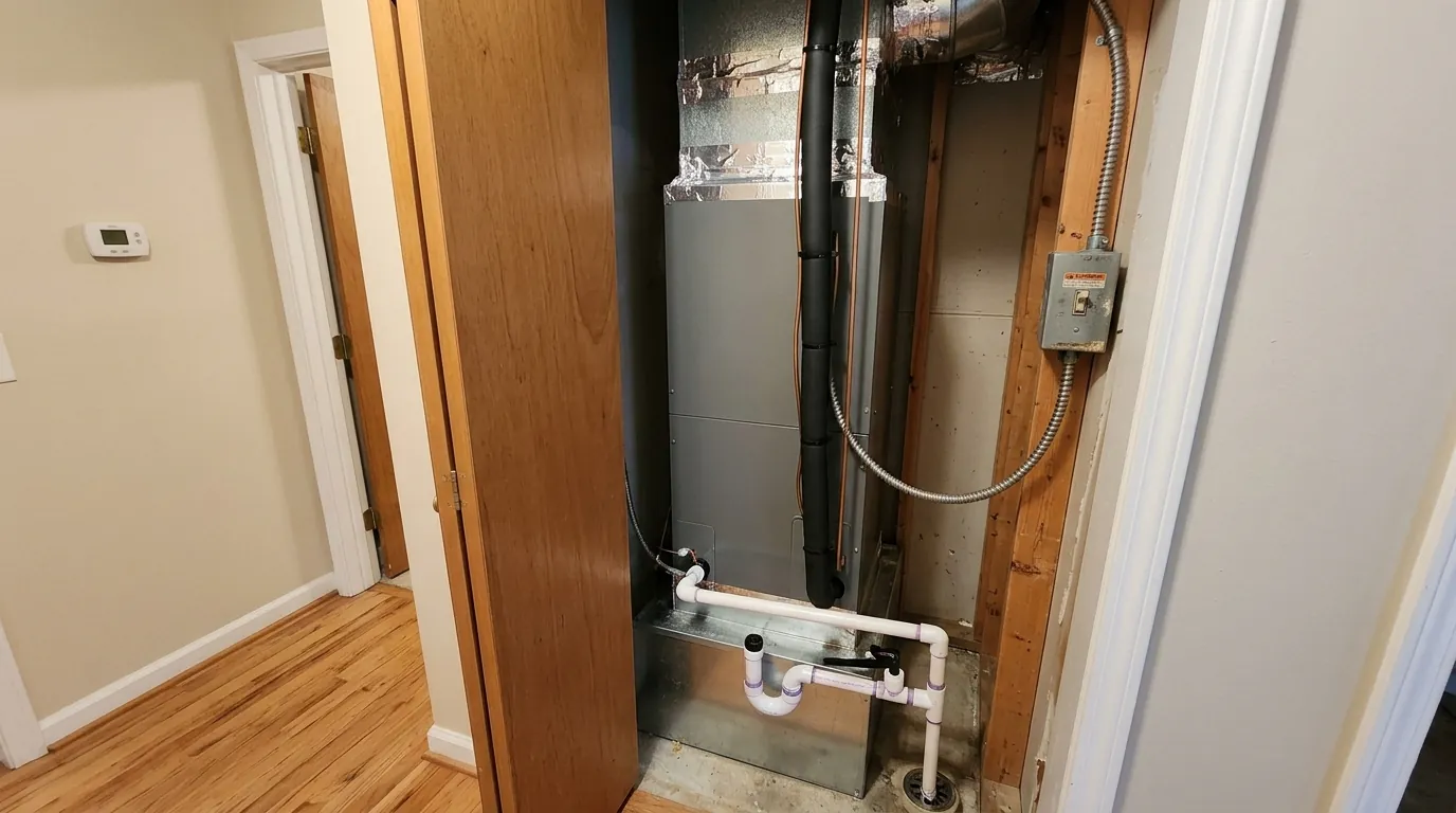New heat pump air handler installed in a hall closet
