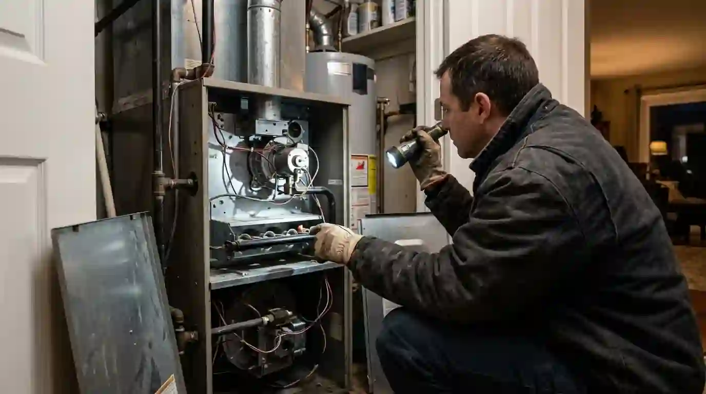 Technician checking the flame sensor in a gas furnace