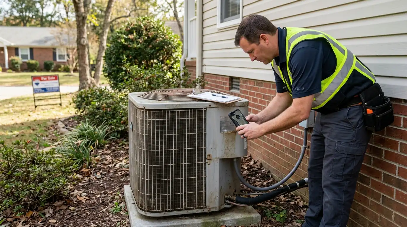 Technician reading the data plate on an outdoor heat pump