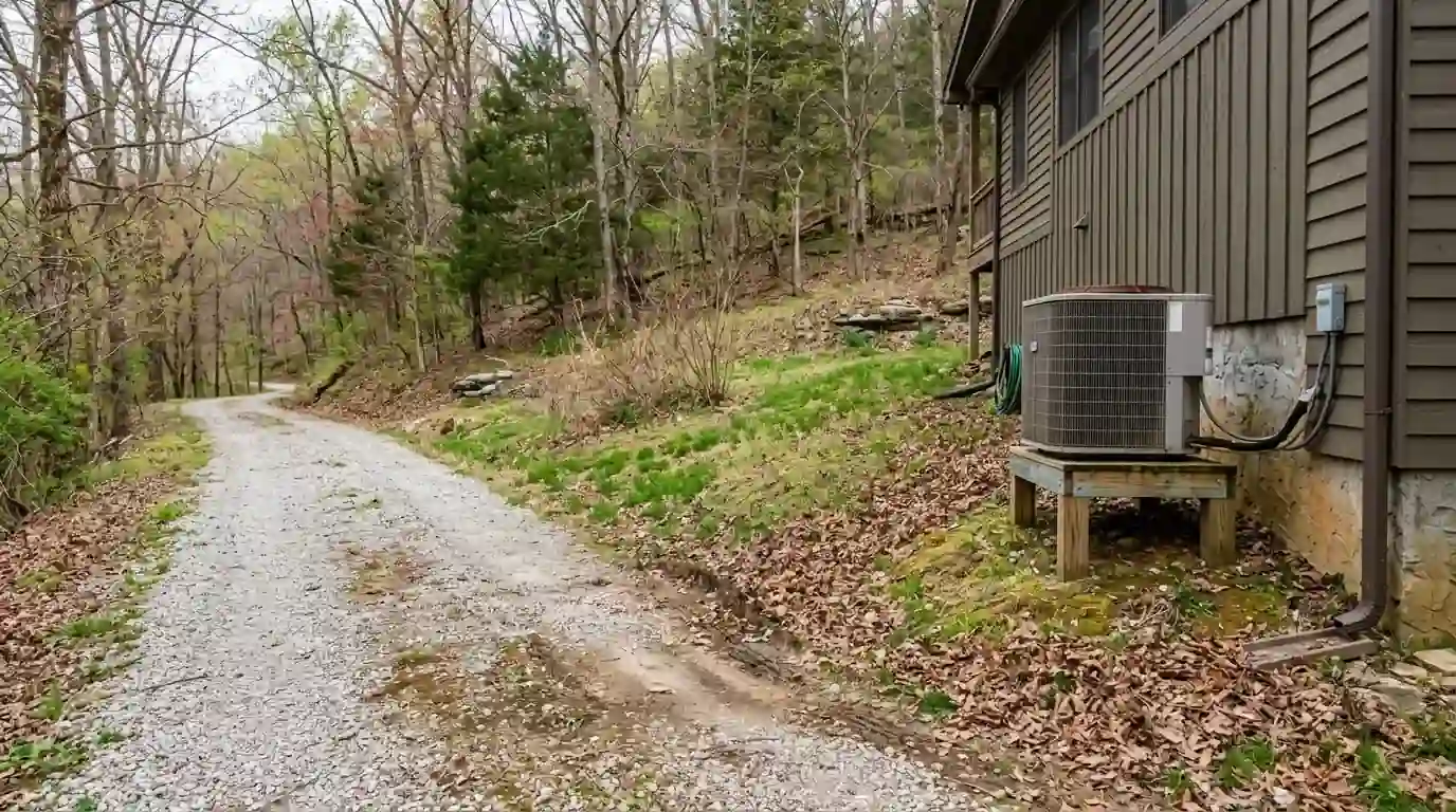 Heat pump beside a wooded hillside home