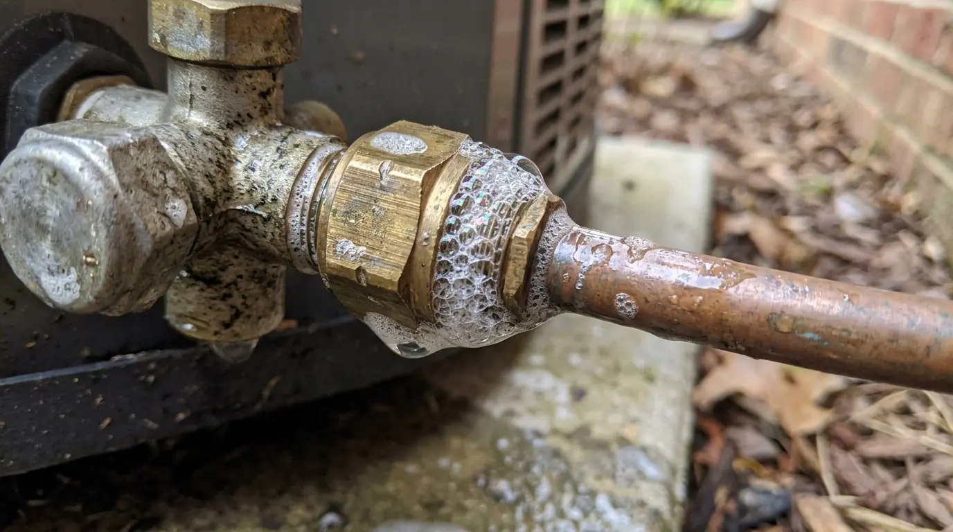 Bubbles showing a leak at a service valve fitting