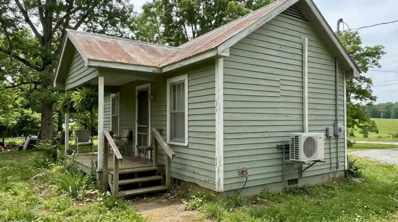 Frame cottage with a heat pump on a wall bracket