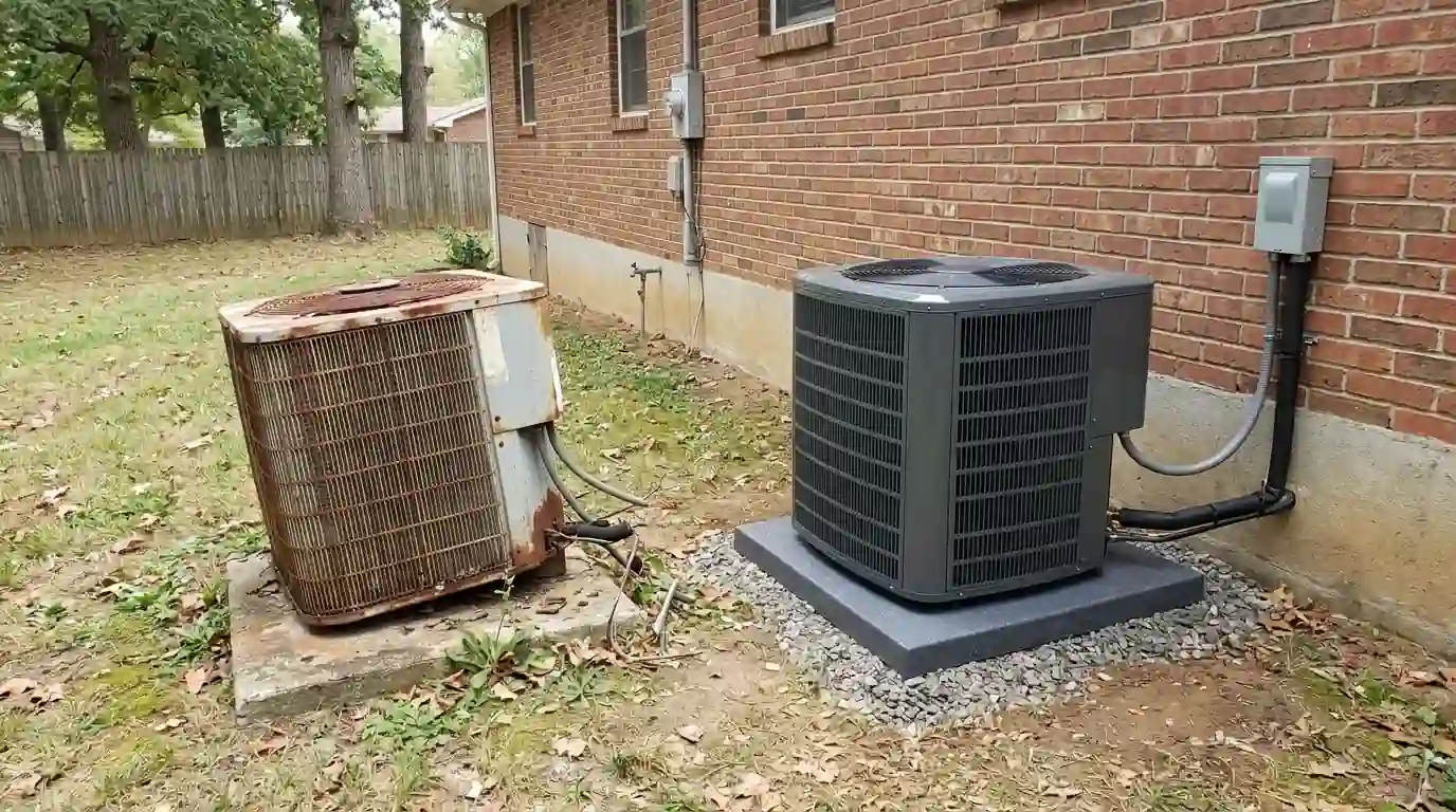New air conditioner next to the old unit it replaces