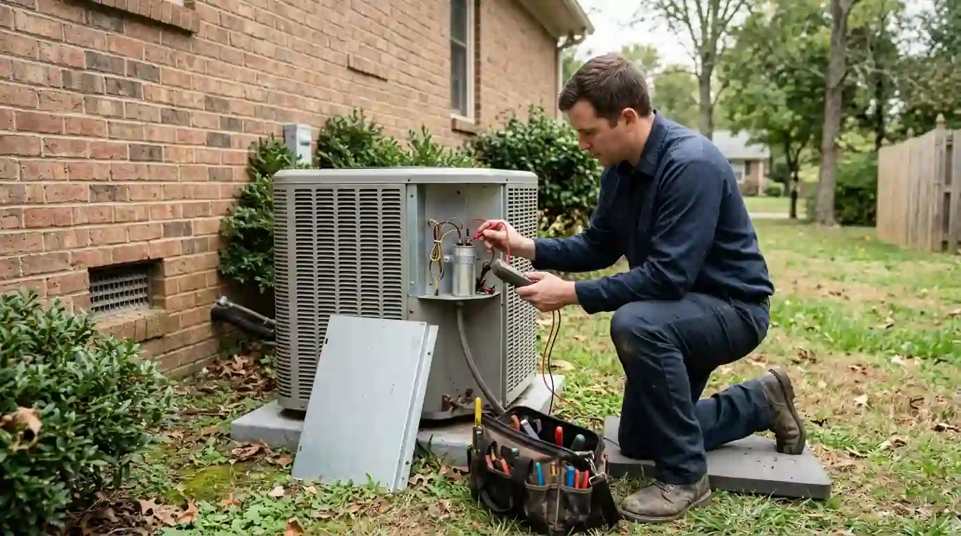 Technician testing the capacitor in an outdoor AC unit
