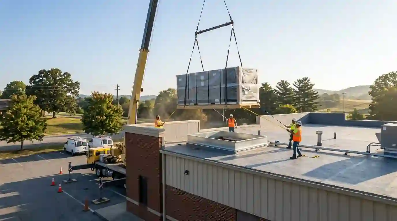 New rooftop unit lowered onto its curb by crane