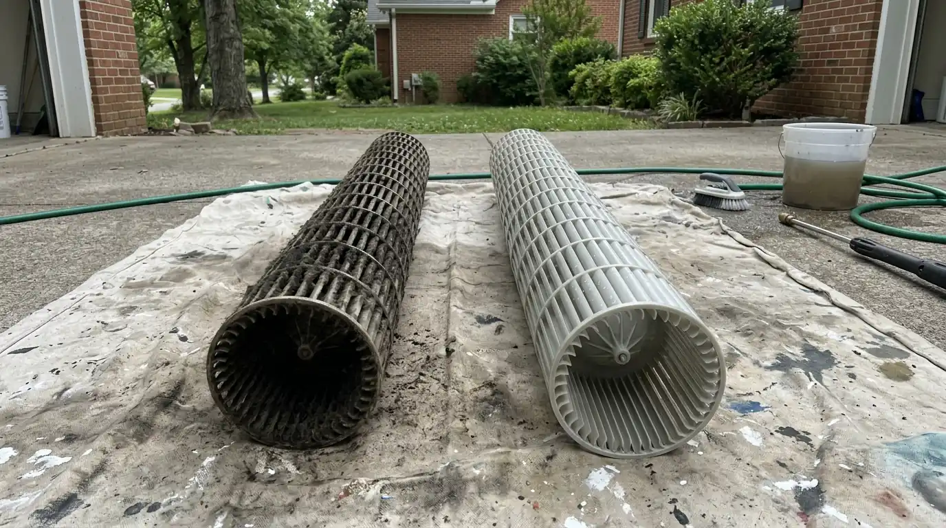 Dirty and clean mini-split blower wheels side by side