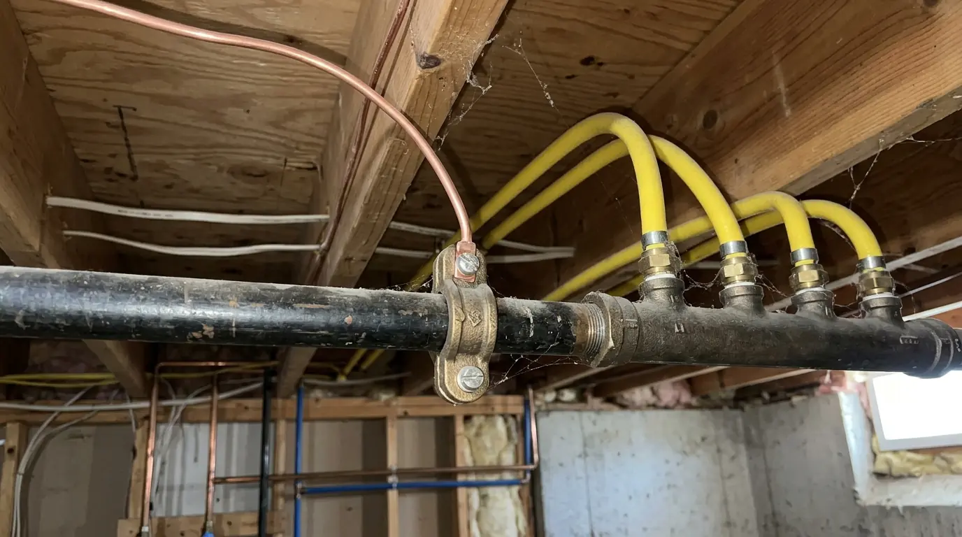 CSST gas tubing with a bonding clamp in a basement