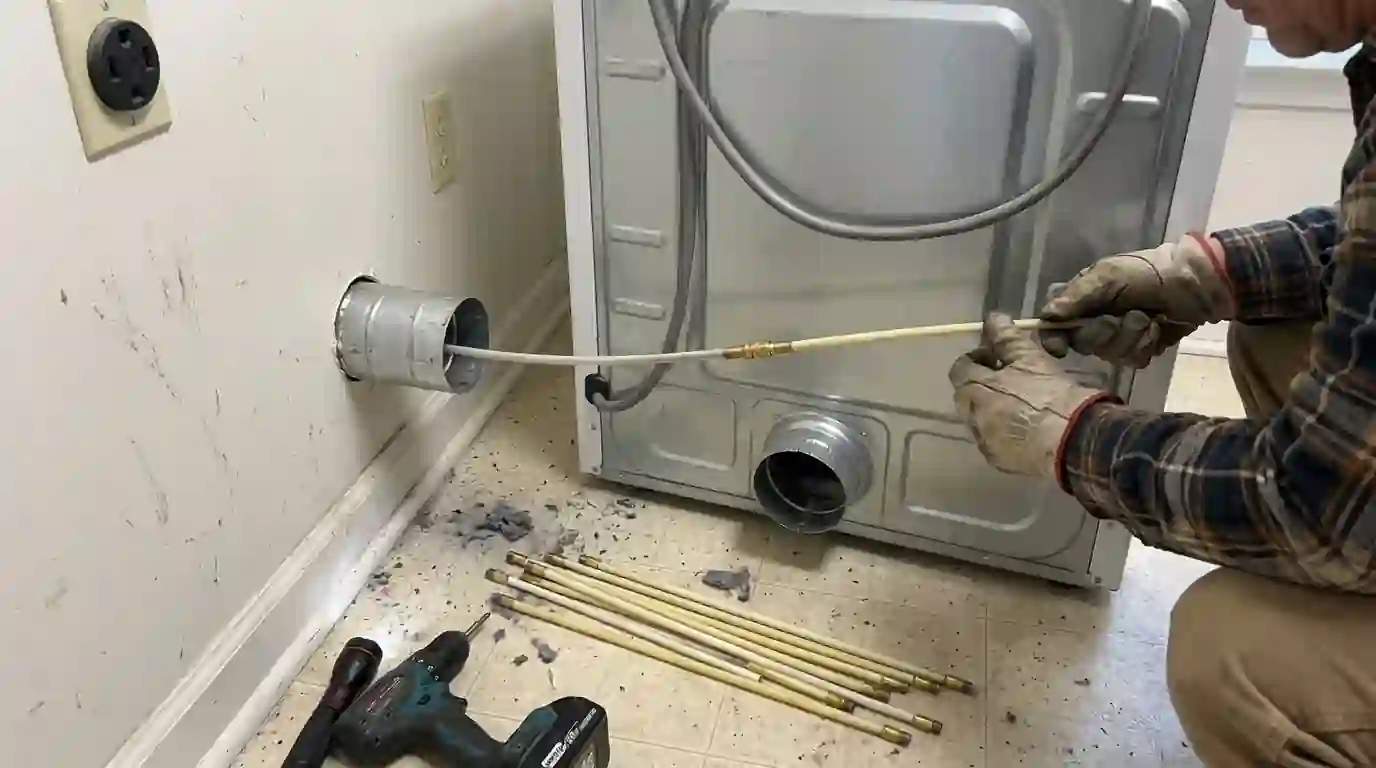 Brush rods feeding into a dryer vent behind a dryer