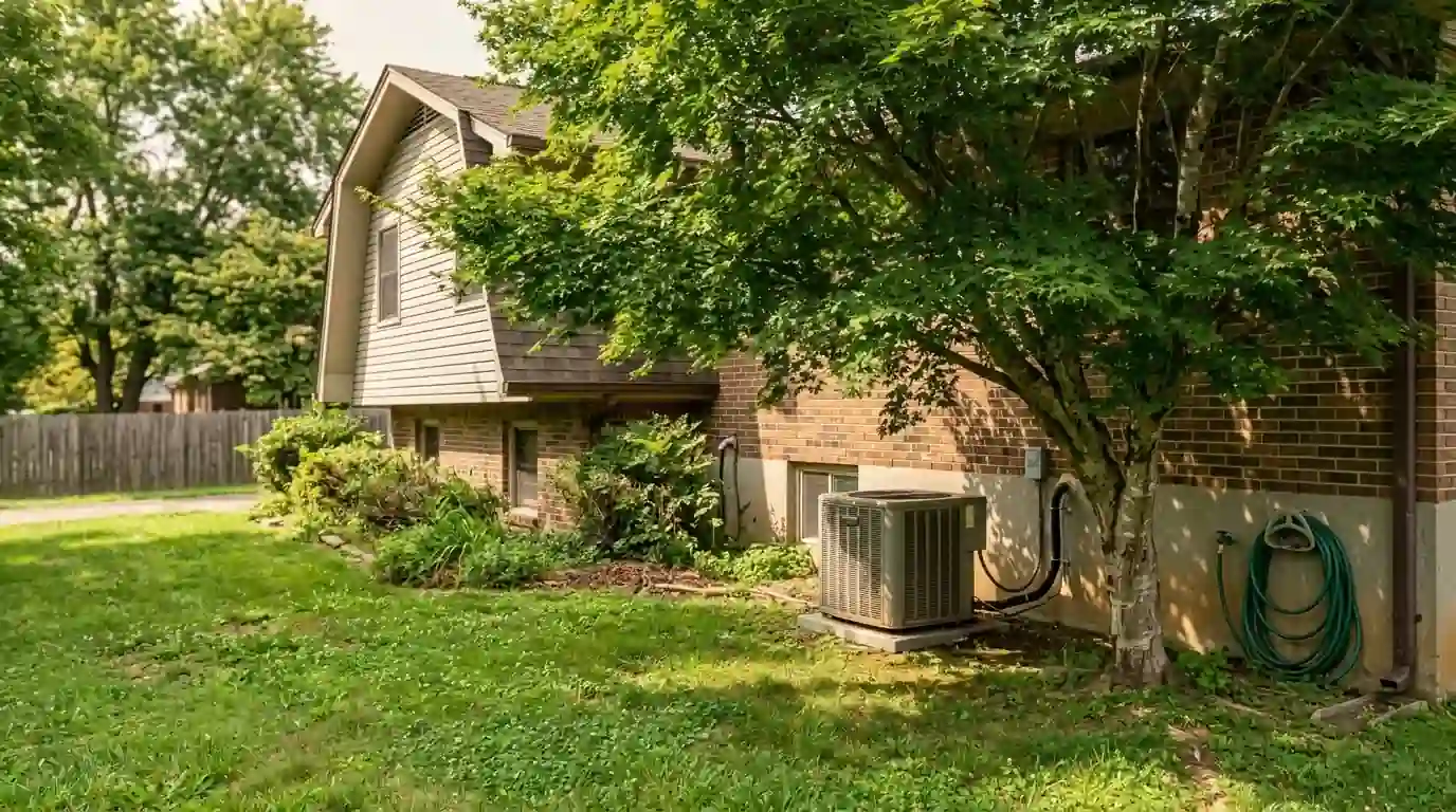Split-level house with a condenser under a maple tree