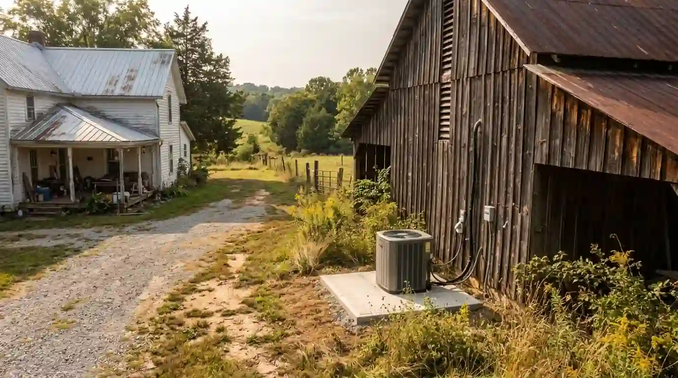 Farmhouse with a heat pump outside and a barn behind