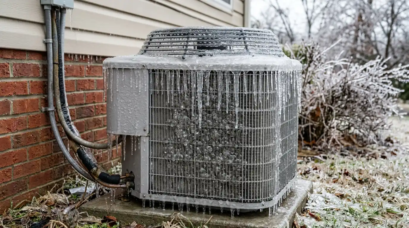 Heat pump outdoor coil covered in solid ice