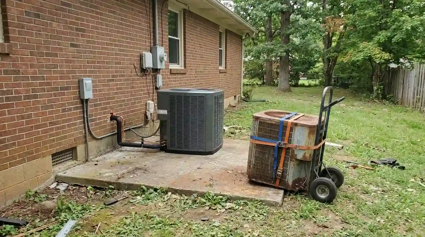 Old AC condenser removed beside its replacement