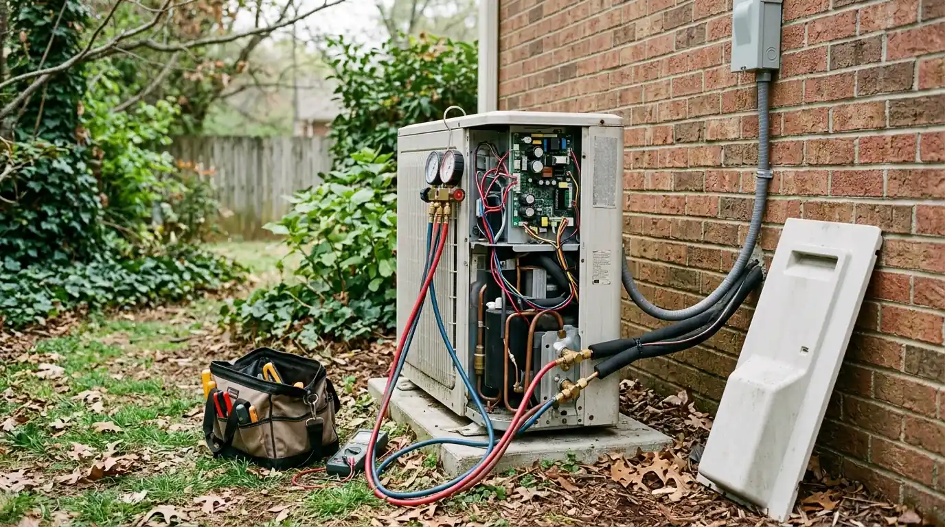 Mini-split condenser opened for testing with gauges attached