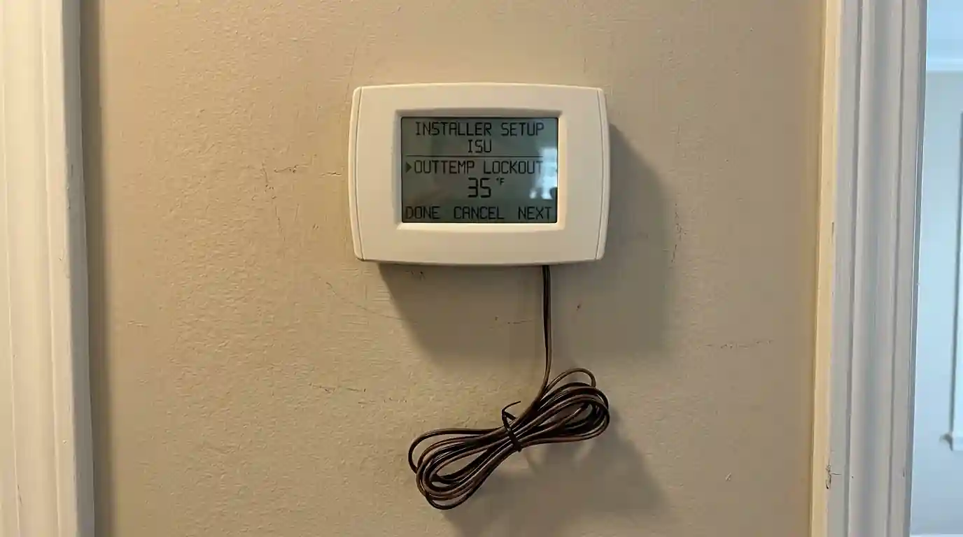 Thermostat menu showing the dual fuel lockout temperature