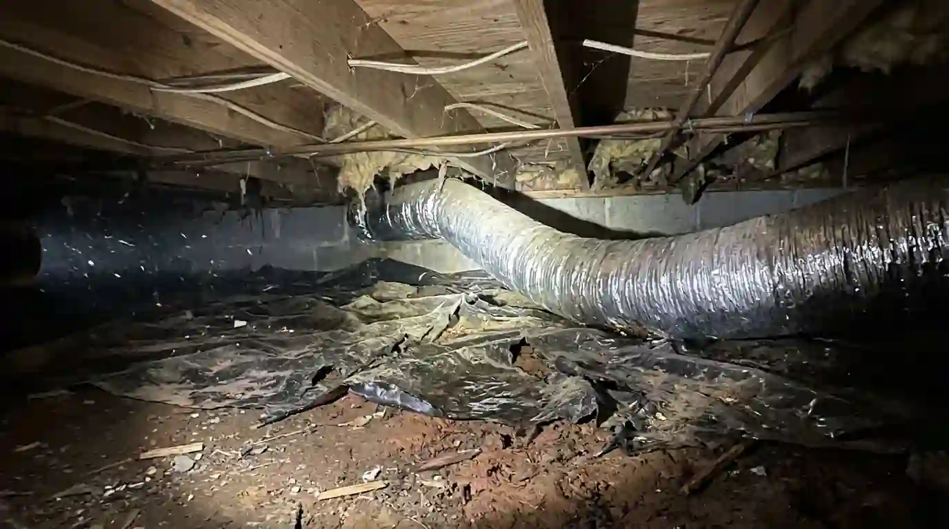 Sagging flex duct lying on damp soil in a crawl space