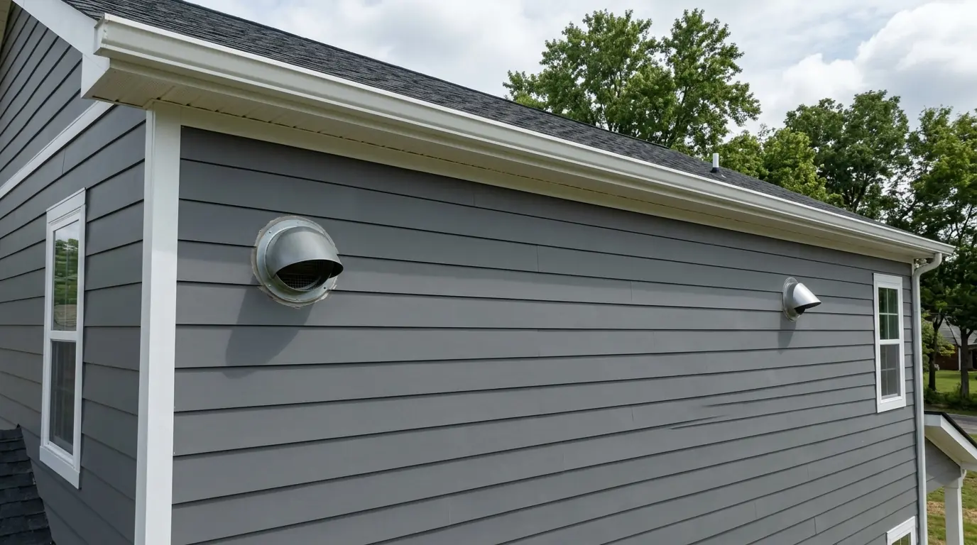 Separate intake and exhaust hoods on a house wall