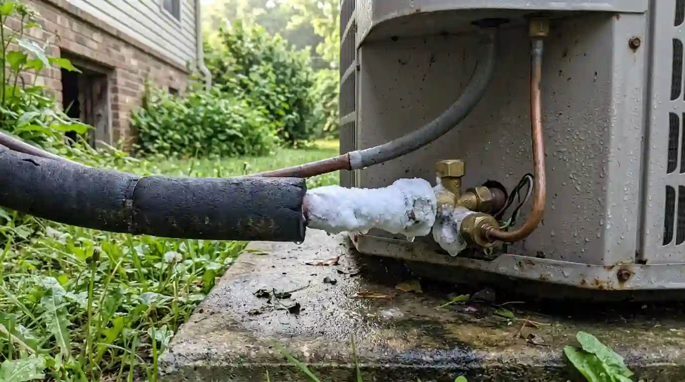 Ice formed on the copper suction line of an AC unit