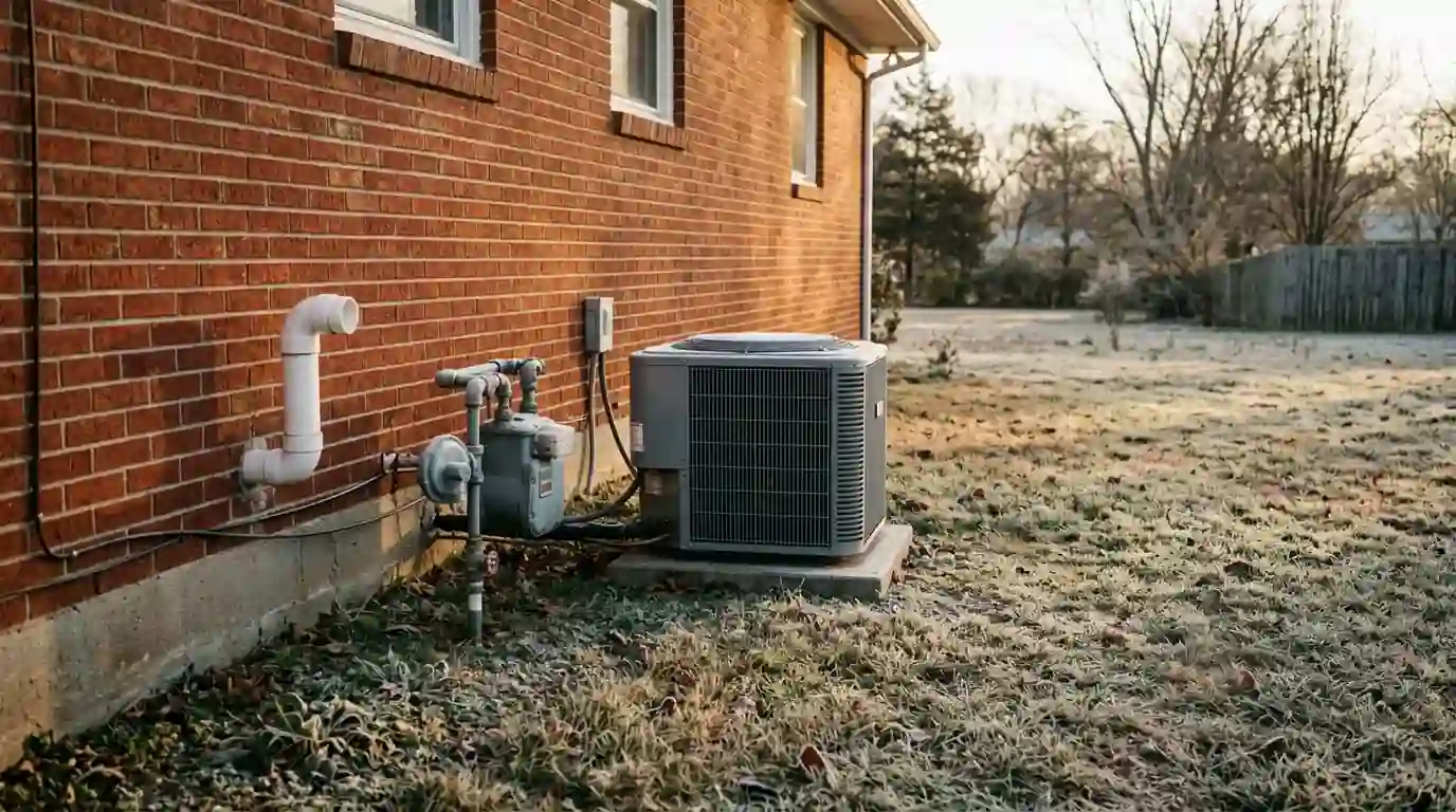 Heat pump beside a gas meter and furnace vent on a brick house