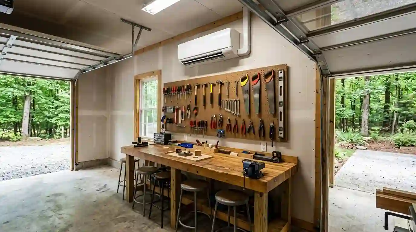 Ductless unit mounted above a garage workbench