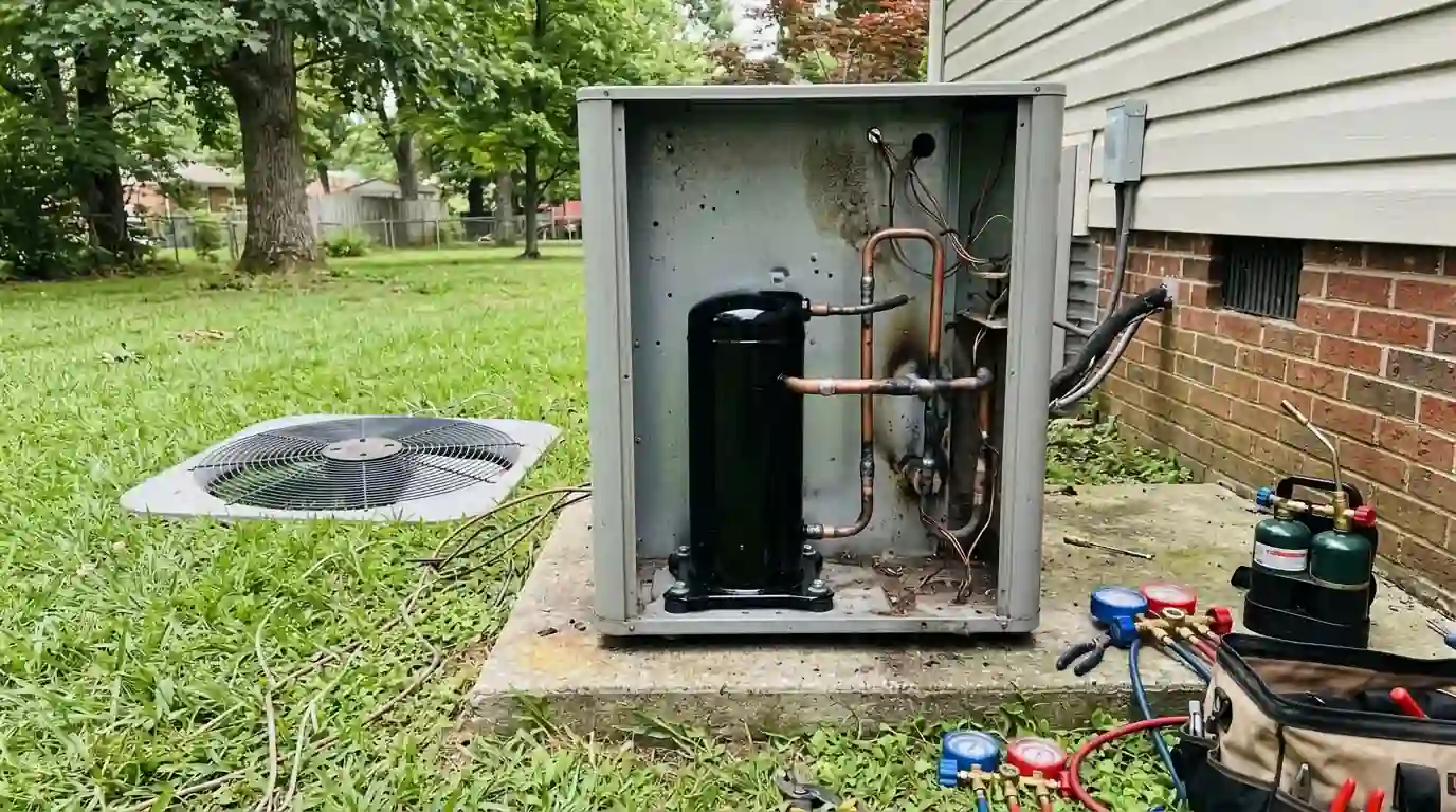 New compressor installed inside an outdoor AC unit
