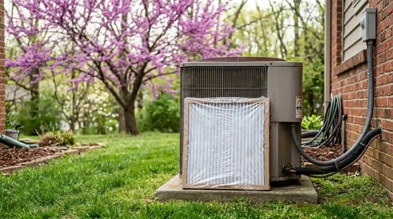 New air filter leaning against an outdoor heat pump in spring