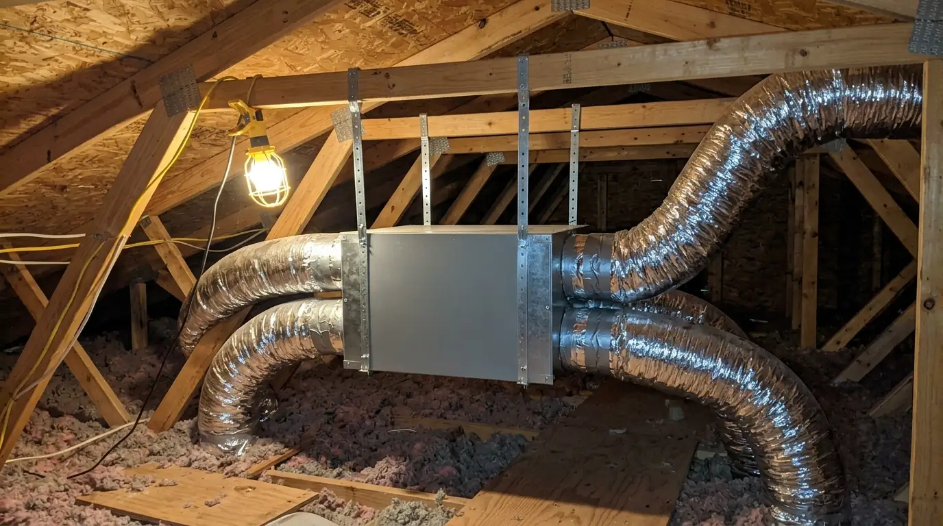 Energy recovery ventilator with four ducts in an attic