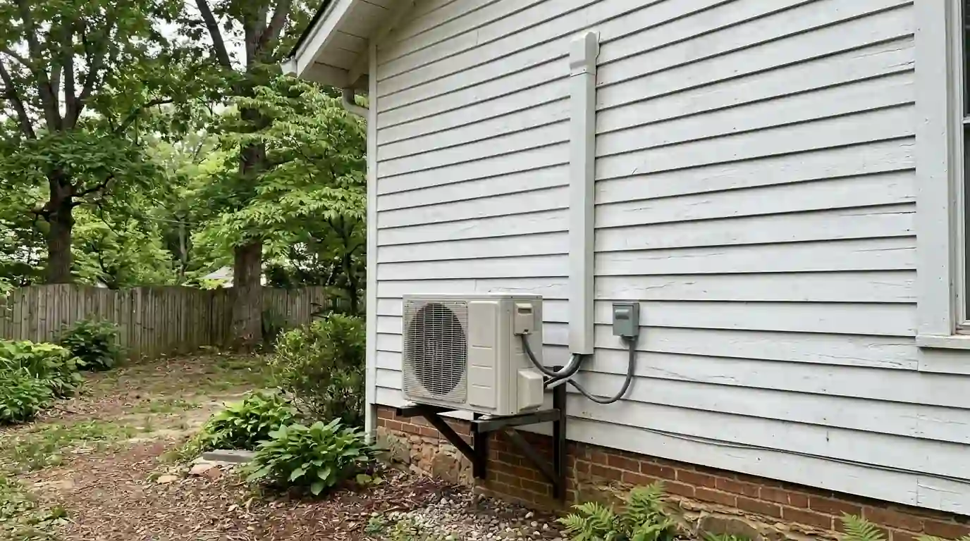 Mini-split outdoor unit mounted beside a clapboard house