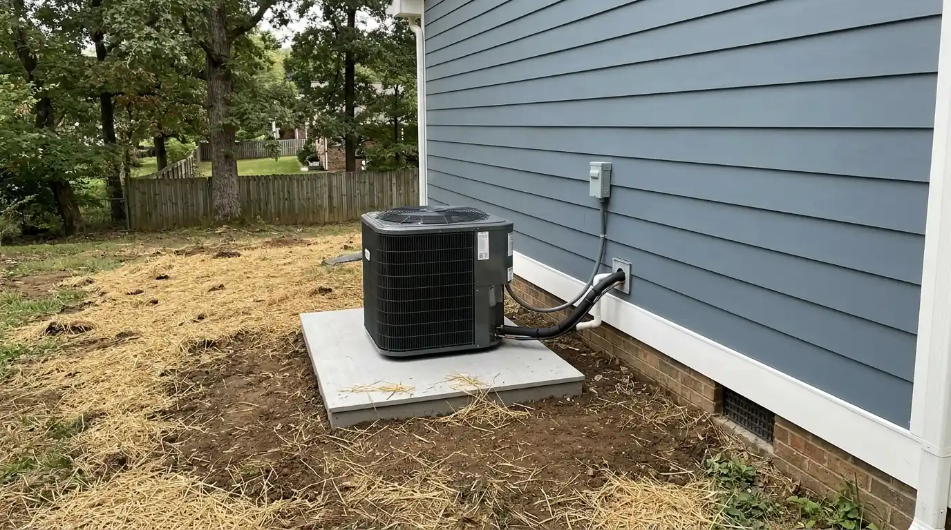 New heat pump set beside a newly built house