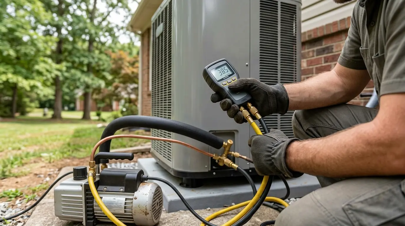 Micron gauge and vacuum pump on a new heat pump line set