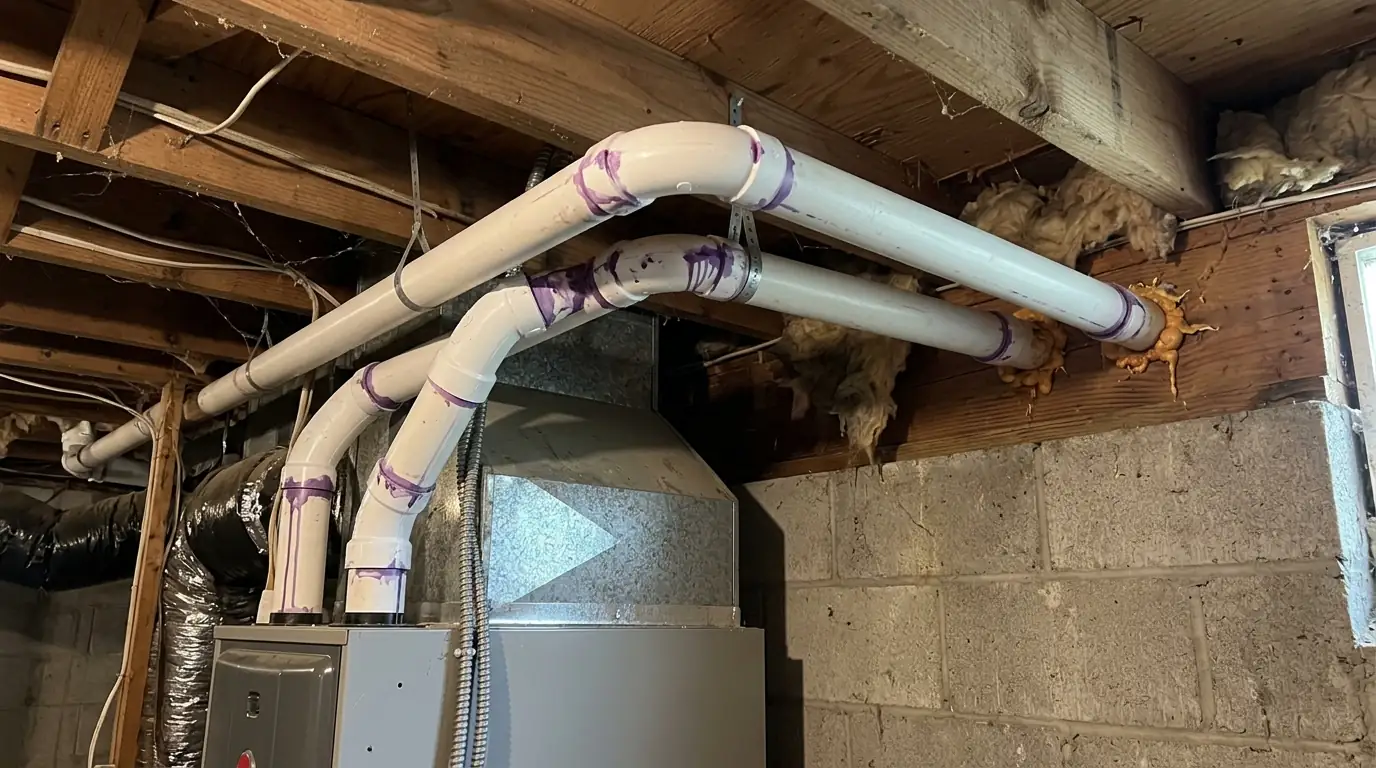 Primed plastic vent pipes leaving a high-efficiency furnace