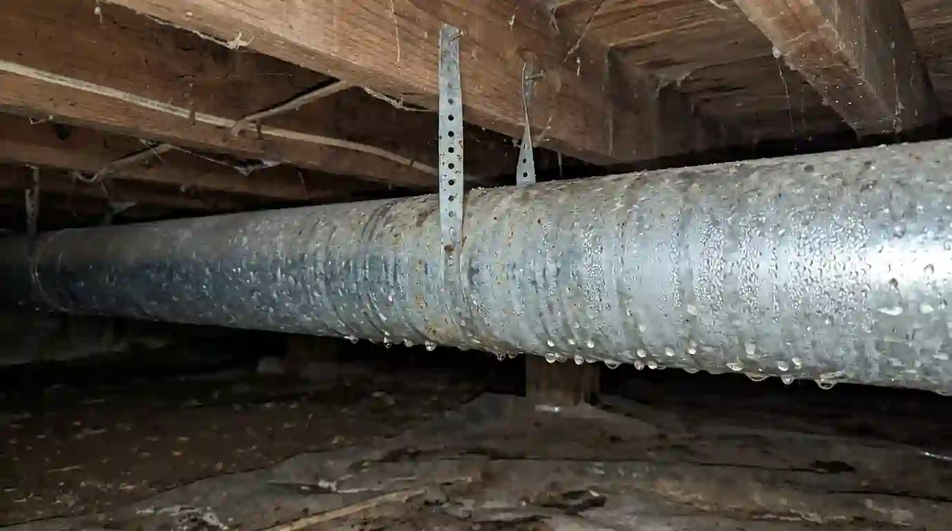 Water droplets on a metal duct in a crawl space