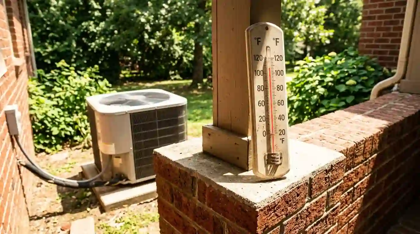 Air conditioner condenser running on a hot July afternoon in Middle Tennessee