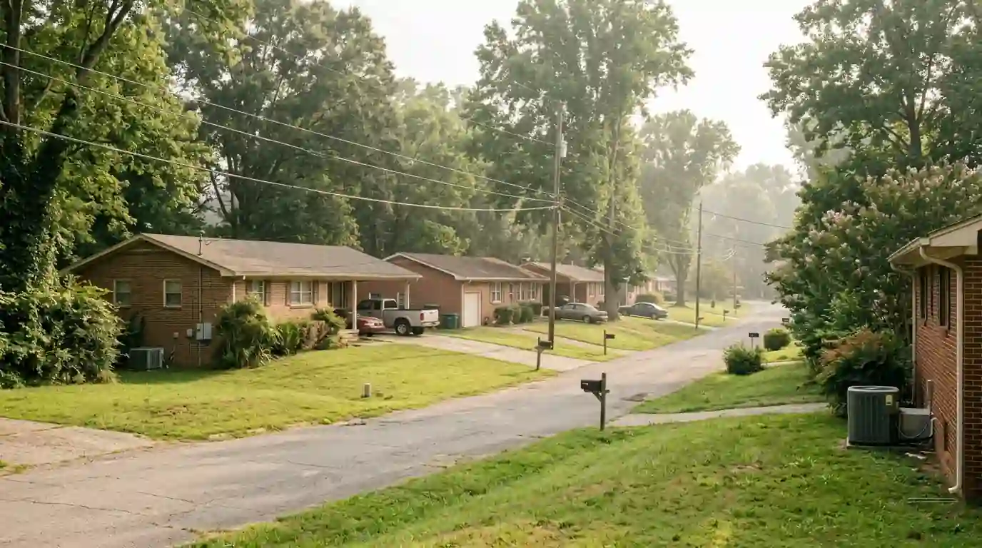 Street of brick ranch homes with air conditioners along the side yards